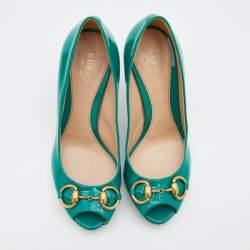 Pre Owned Gucci Sea Green Patent Leather Jolene Horsebit Peep Toe Pumps Size 36.5