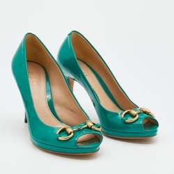 Pre Owned Gucci Sea Green Patent Leather Jolene Horsebit Peep Toe Pumps Size 36.5