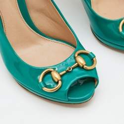 Pre Owned Gucci Sea Green Patent Leather Jolene Horsebit Peep Toe Pumps Size 36.5