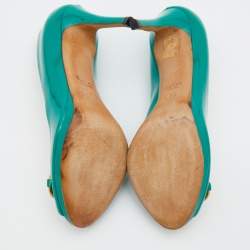 Pre Owned Gucci Sea Green Patent Leather Jolene Horsebit Peep Toe Pumps Size 36.5
