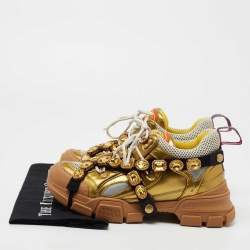 Pre Owned Gucci Gold/White Leather And Mesh Flashtrek Chunky Sneakers Size 39.5
