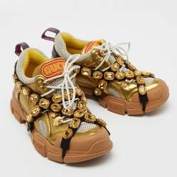 Pre Owned Gucci Gold/White Leather And Mesh Flashtrek Chunky Sneakers Size 39.5