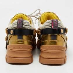 Pre Owned Gucci Gold/White Leather And Mesh Flashtrek Chunky Sneakers Size 39.5