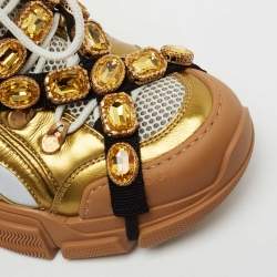 Pre Owned Gucci Gold/White Leather And Mesh Flashtrek Chunky Sneakers Size 39.5