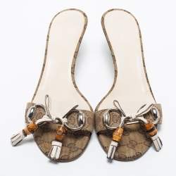 مملوكة مسبقًا Gucci Brown GG Canvas Bamboo Tassel Horsebit Slide Sandals Size 39