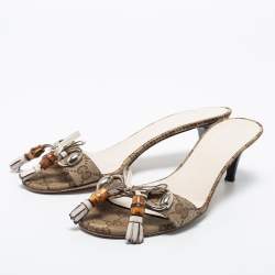 مملوكة مسبقًا Gucci Brown GG Canvas Bamboo Tassel Horsebit Slide Sandals Size 39