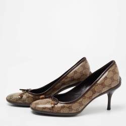 Pre Owned Gucci Brown/Beige GG Crystal Canvas Bow Round Toe Pumps Size 40
