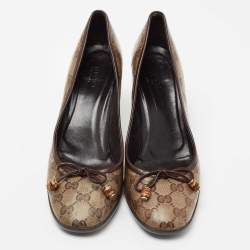 Pre Owned Gucci Brown/Beige GG Crystal Canvas Bow Round Toe Pumps Size 40