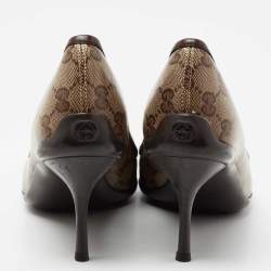 Pre Owned Gucci Brown/Beige GG Crystal Canvas Bow Round Toe Pumps Size 40