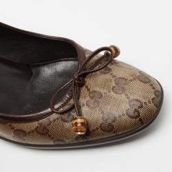 Pre Owned Gucci Brown/Beige GG Crystal Canvas Bow Round Toe Pumps Size 40