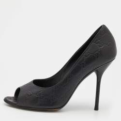 Pre Owned Gucci Black Guccissima Leather Peep Toe Pumps Size 38.5