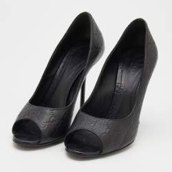 Pre Owned Gucci Black Guccissima Leather Peep Toe Pumps Size 38.5