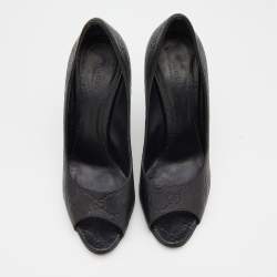 Pre Owned Gucci Black Guccissima Leather Peep Toe Pumps Size 38.5