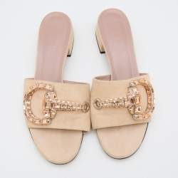Gucci Beige Suede Crystal Icon Bit Maxime Slide Sandals Size 37