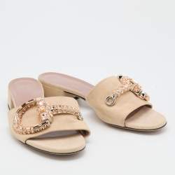 Gucci Beige Suede Crystal Icon Bit Maxime Slide Sandals Size 37