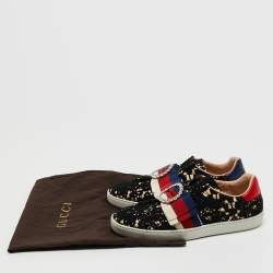 Pre Owned Gucci Black Lace and Satin Web Crystal Embellished Low Top Sneakers Size 37