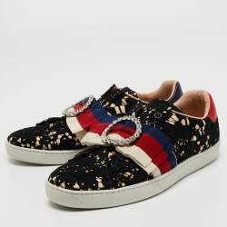 Pre Owned Gucci Black Lace and Satin Web Crystal Embellished Low Top Sneakers Size 37