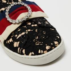 Pre Owned Gucci Black Lace and Satin Web Crystal Embellished Low Top Sneakers Size 37