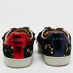 Pre Owned Gucci Black Lace and Satin Web Crystal Embellished Low Top Sneakers Size 37