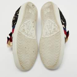 Pre Owned Gucci Black Lace and Satin Web Crystal Embellished Low Top Sneakers Size 37