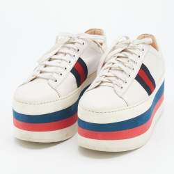 مملوكة مسبقًا Gucci White Leather Peggy Web Detail Platform Sneakers Size 39