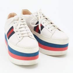 مملوكة مسبقًا Gucci White Leather Peggy Web Detail Platform Sneakers Size 39