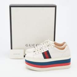 مملوكة مسبقًا Gucci White Leather Peggy Web Detail Platform Sneakers Size 39