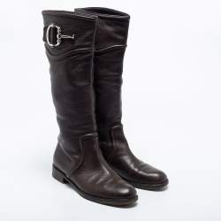 Pre Owned Gucci Dark Brown Leather Horsebit Calf Length Boots Size 38.5