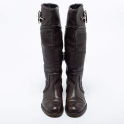 Pre Owned Gucci Dark Brown Leather Horsebit Calf Length Boots Size 38.5