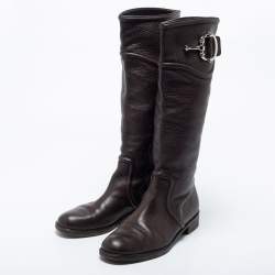 Pre Owned Gucci Dark Brown Leather Horsebit Calf Length Boots Size 38.5