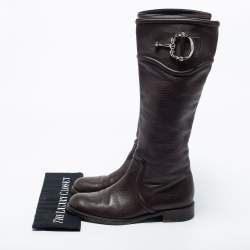 Pre Owned Gucci Dark Brown Leather Horsebit Calf Length Boots Size 38.5