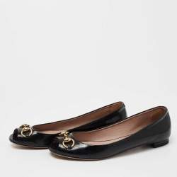 Pre Owned Gucci Black Microguccissima Patent Leather Horsebit Peep Toe Ballet Flats Size 39