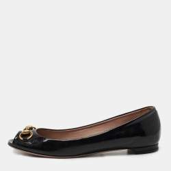 Pre Owned Gucci Black Microguccissima Patent Leather Horsebit Peep Toe Ballet Flats Size 39