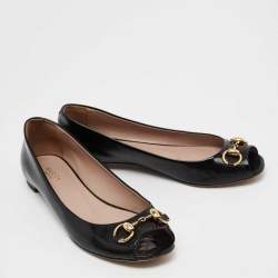 Pre Owned Gucci Black Microguccissima Patent Leather Horsebit Peep Toe Ballet Flats Size 39