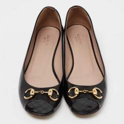 Pre Owned Gucci Black Microguccissima Patent Leather Horsebit Peep Toe Ballet Flats Size 39