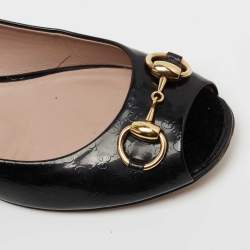 Pre Owned Gucci Black Microguccissima Patent Leather Horsebit Peep Toe Ballet Flats Size 39