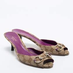 مملوكة مسبقًا Gucci Beige/Purple GG Canvas and Leather New Hollywood Horsebit Slides Size 38