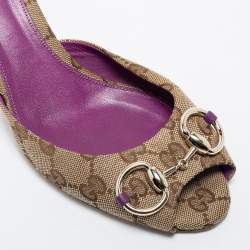 مملوكة مسبقًا Gucci Beige/Purple GG Canvas and Leather New Hollywood Horsebit Slides Size 38