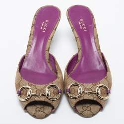 مملوكة مسبقًا Gucci Beige/Purple GG Canvas and Leather New Hollywood Horsebit Slides Size 38