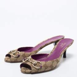 مملوكة مسبقًا Gucci Beige/Purple GG Canvas and Leather New Hollywood Horsebit Slides Size 38