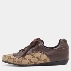 Gucci Beige/Brown GG Canvas and Leather Web Sneakers Size 35