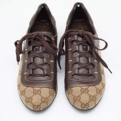 Gucci Beige/Brown GG Canvas and Leather Web Sneakers Size 35