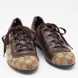 Gucci Beige/Brown GG Canvas and Leather Web Sneakers Size 35