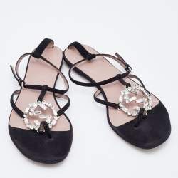 Gucci Black Suede GG Interlocking Crystal Embellished Flat Sandals Size 37