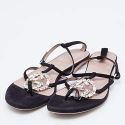 Gucci Black Suede GG Interlocking Crystal Embellished Flat Sandals Size 37