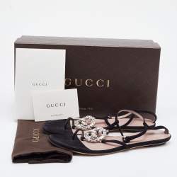 Gucci Black Suede GG Interlocking Crystal Embellished Flat Sandals Size 37