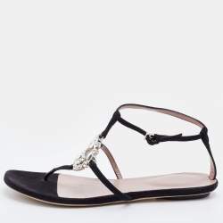 Gucci Black Suede GG Interlocking Crystal Embellished Flat Sandals Size 37
