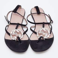 Gucci Black Suede GG Interlocking Crystal Embellished Flat Sandals Size 37