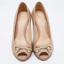 Pre Owned Gucci Beige Leather Horsebit Peep Toe Pumps Size 36.5