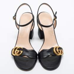 مملوكة مسبقًا Gucci Black Leather GG Marmont Ankle Strap Sandals Size 36